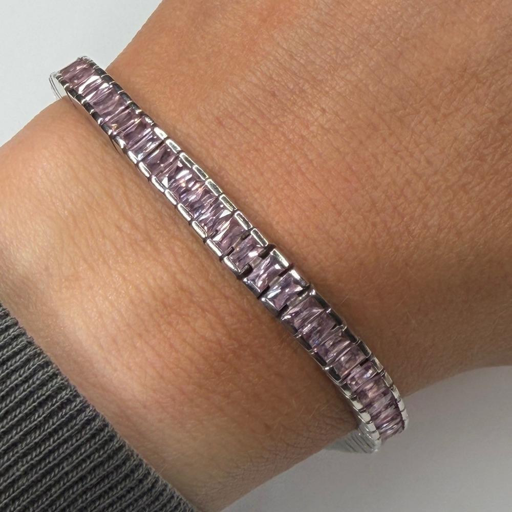 Vintage 925 Sterling Silver Tennis Bracelet Pink Baguette Stones Women's